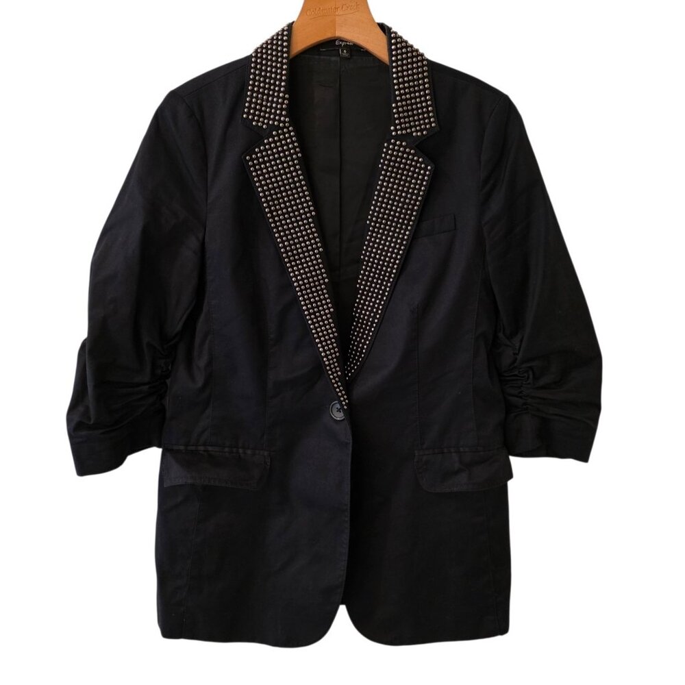 Express‎ Blazer Womens Sz 6 Black Ruched Sleeves Studded Lapel One Button Party